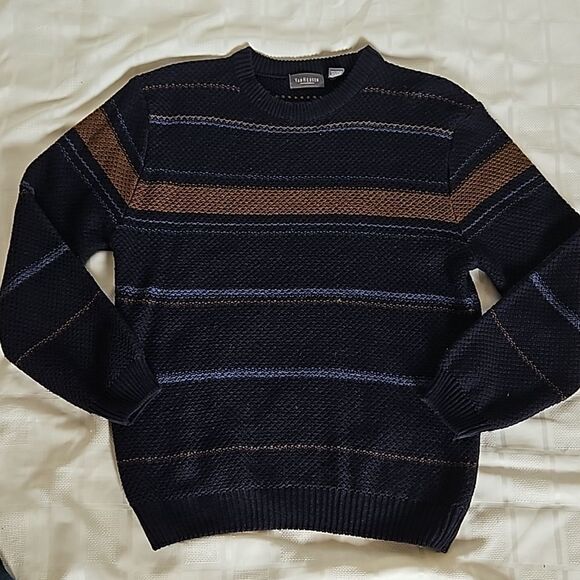 Van Heusen Men's Knitted Long Sleeves Sweater Medium Navy Blue/Brown - Picture 13 of 16
